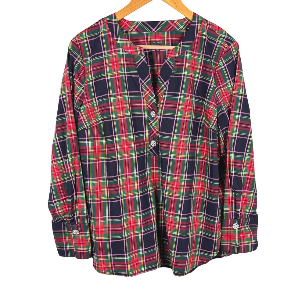 Talbots Women Long Sleeve Cotton Popover Blouse LP Red Festive Holidays Plaid